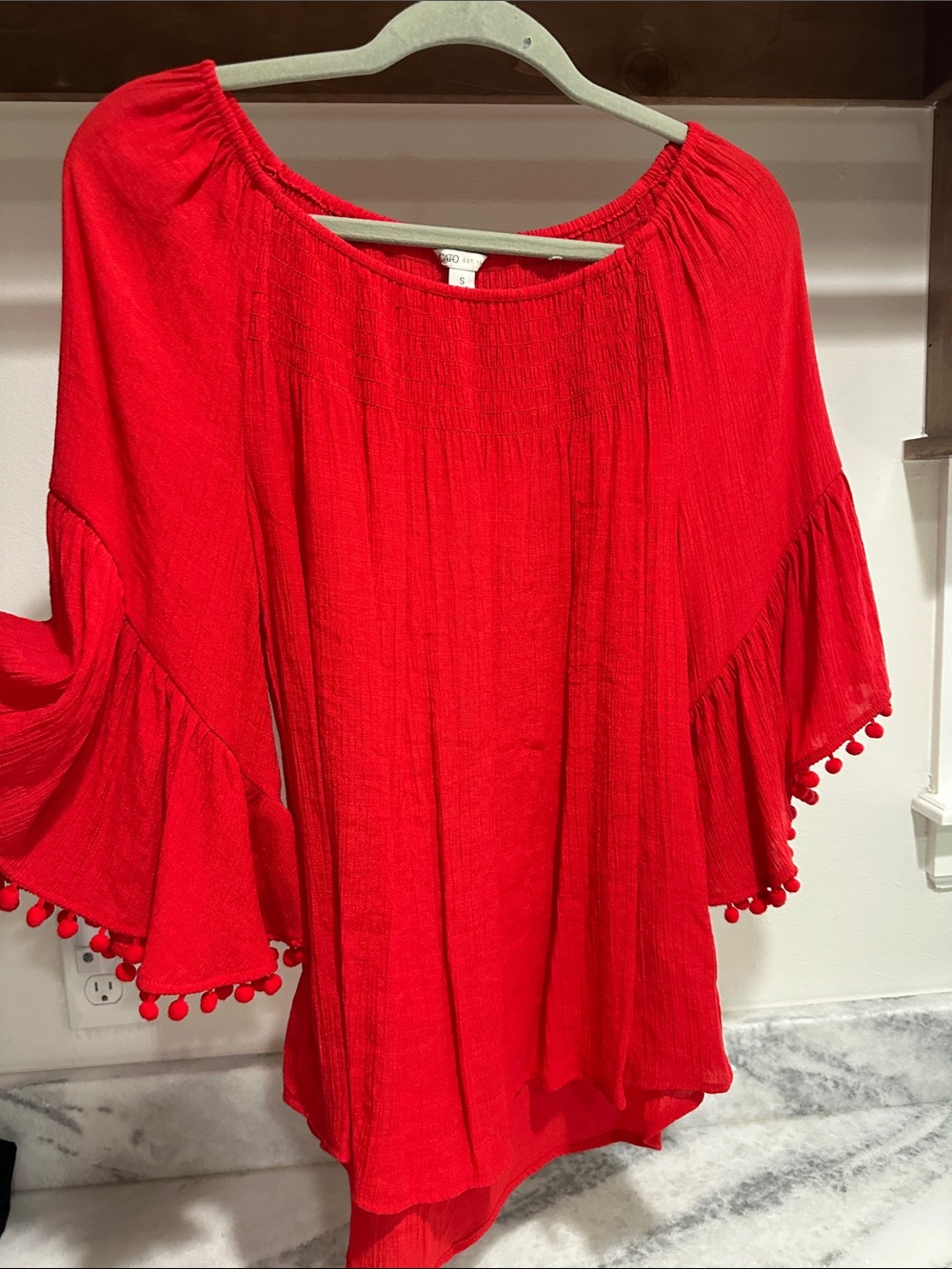 Cato Red Pom-Trim Peasant Tunic Top